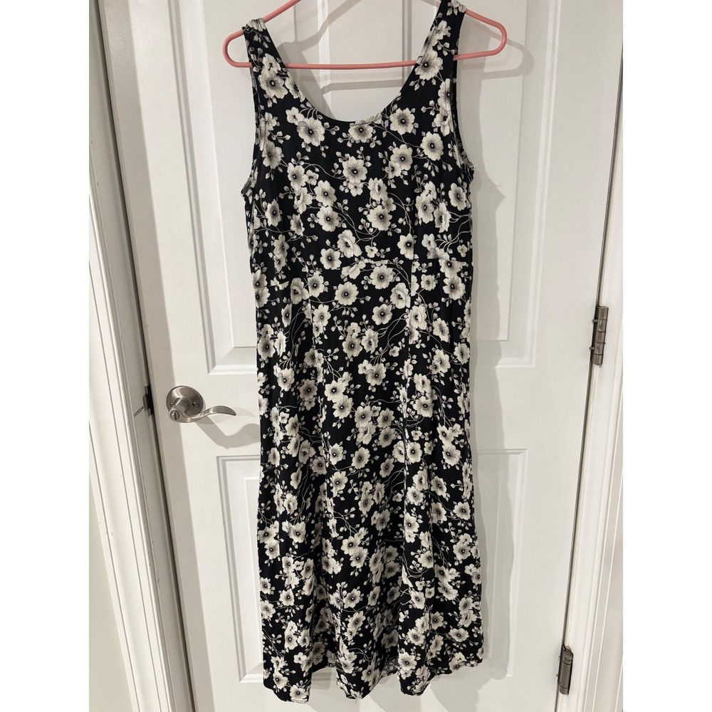 Black White Floral Daisy Rayon Midi Dress Sleeveless 90s  13/14 Flowy Summer